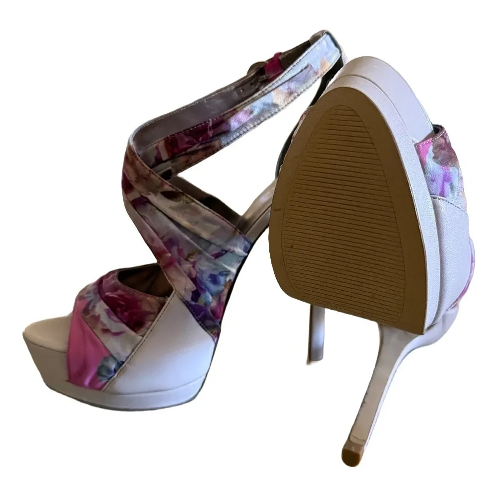 Nine West Strappy Floral Platform Stiletto Heels Satin Beige Pink Purple